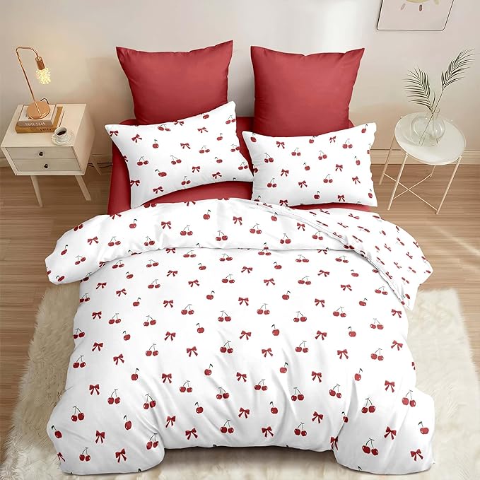 Nayoroom Red Cherry Comforter Set Queen Size Cute Bow Comforter 3 Pieces Soft Lightweight Kids Girls Aesthetic Dorm Bedding Set for All Seasons