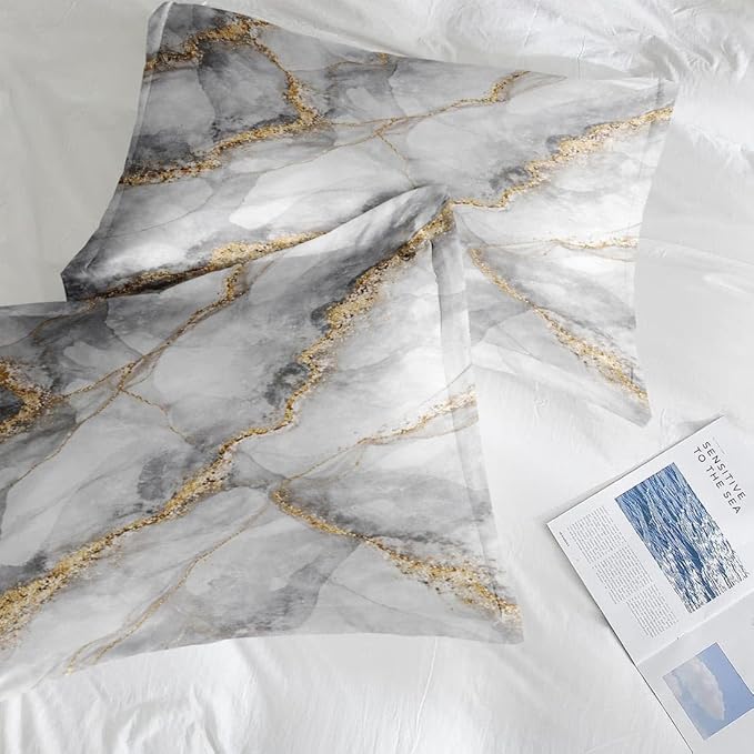 Comforter Set Full Size, Marble Black Gold Stone Soft 3 Pcs Bedding for Kids and Adults, Gray Vintage Retro Comforter Set with Pillowcase, for Bedroom Bed Decor
