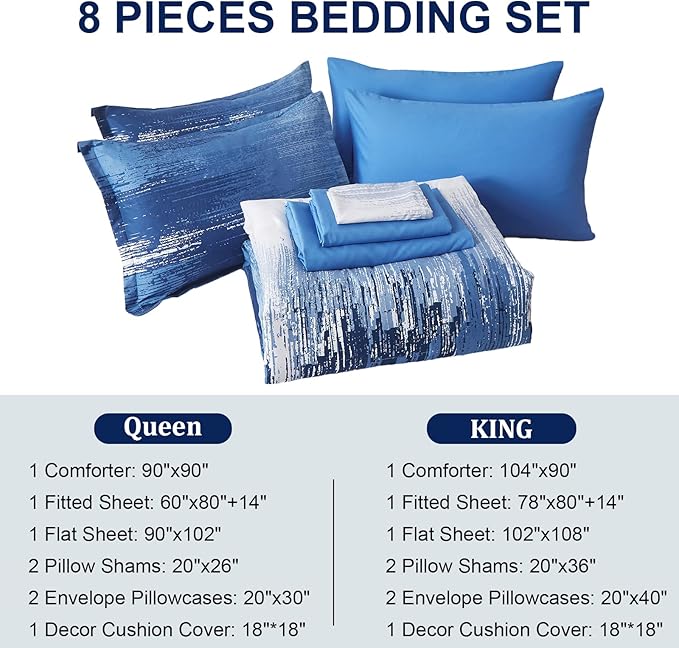 Dinjoy Ombre Blue Comforter Set Twin Size Reversible Gradient Blue Grey Boho Bedding Set for Men Women 7 Pieces Bed in A Bag Bohemian Bed Set with Comforter, Sheets, Pillowcases & Shams