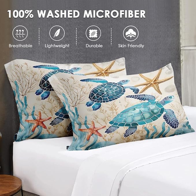 Queen Size Comforter Set with 2 Pillowcases, Ocean Coral Sea Turtle 3 Pcs Bedding for Kids and Adults, Blue Shell Animal Soft Comforter Set for Bedroom Bed Decor