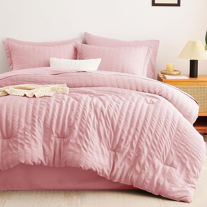 CozyLux Queen Comforter Set Pink Seersucker 7 Pieces Bed in a Bag Queen Comforter Set with Sheets, Luxury Soft Bedding Set with Down Alternative Comforter, Sheets, Pillowcases & Shams All Seasons