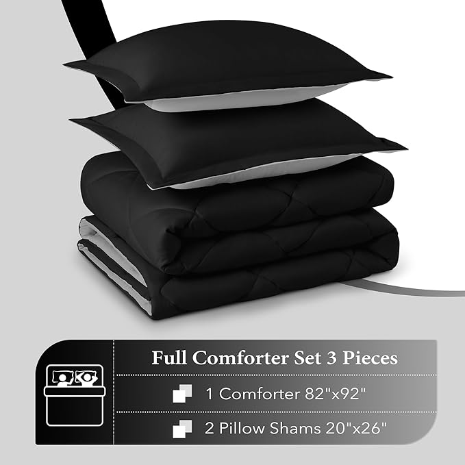 downluxe Full Size Comforter Set - Black and Grey Full Comforter - Soft Bedding Sets for All Seasons -3- Piece Comforter Set Full with 2 Reversible Pillow Shams