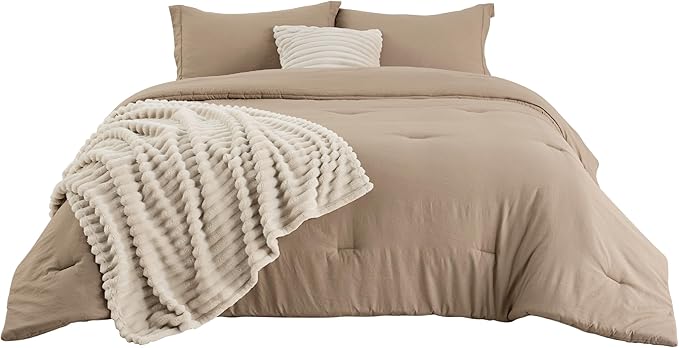 Bedsure Comforter King Size 5 Pieces - King Size Comforter Set with Fleece Throw Blanket and Decorative Pillow, Lightweiget Bedding Comforter Sets, All Season Bedding Sets, Khaki