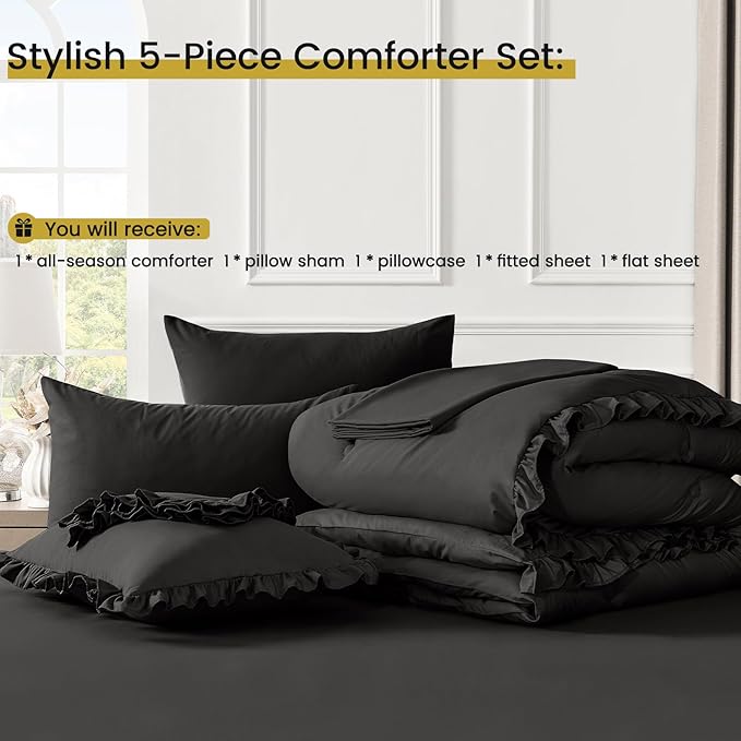 QUIETSEA Twin Bed in a Bag 5 Pieces Comforter Set Twin, Ruffle Shabby Chic Bedding Comforter Set Black Bed Set with Comforter, Pillowcase, Flat Sheet, Fitted Sheet and Pillow Sham