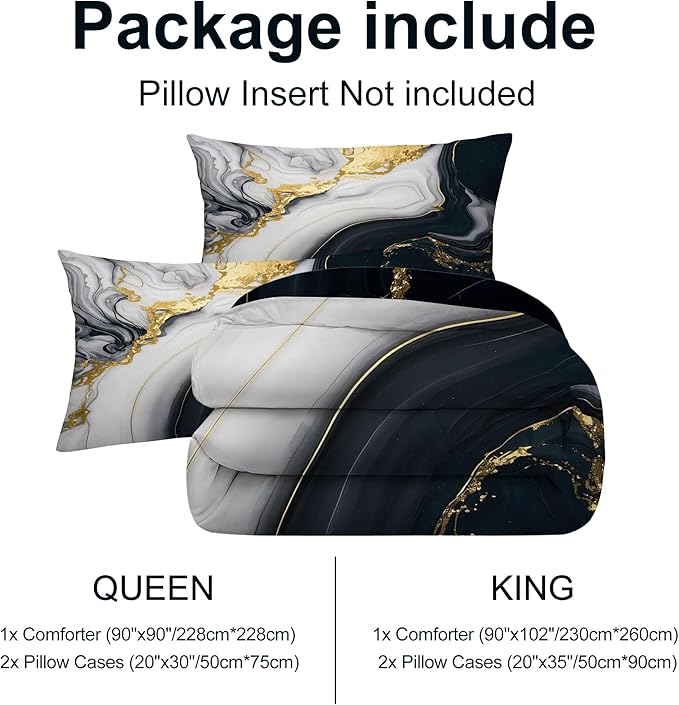 Abstract Marble Bedding Set for Kids Women Men Queen Size 3D Marble Comforter Set Black White Gold Quilt Set for All Age Marbling Quilt Set with 1 Comforter + 2 Pillowcases