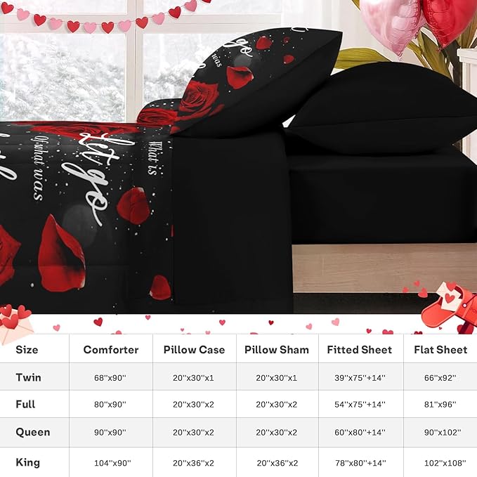 Nesker 7 Pcs Valentine's Day Comforter Set Queen Size, Romantic Red Rose Bedding Set for Kids and Adults, Happy Sweet Love Sheets Bed Sheet Sets with Fitted Sheet 2 Pillowcases & 2 Shams