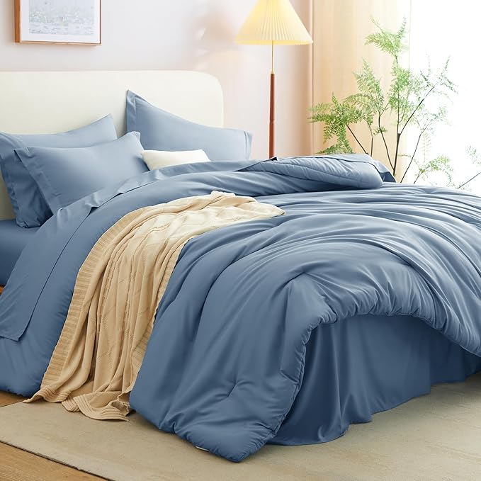 CozyLux Full Comforter Set Grayish Blue, 7 Pieces Bed in a Bag Bedding Comforter Set with Sheets, All Season Boho 7PC Bed Sets with Comforter, Fitted Sheets, Flat Sheets, Pillow Shams and Pillowcases