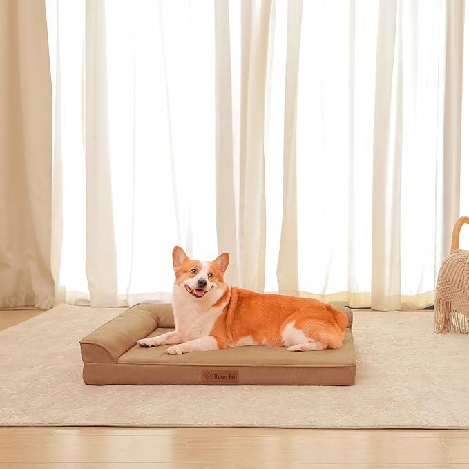 Orthopedic Dog Bed Medium Size Dog, Memory Foam Dogs Bed for Medium Dogs, Washable and Removable Microsuede Cover, Waterproof Liner, Non-Skid Bottom, 35x23x6 Inches, Khaki