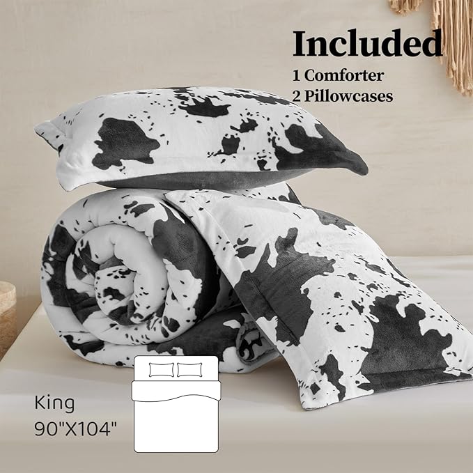 Petrichor Velvet Flannel King Comforter Set-Cow Print Western Style Blanket,Luxury Fuzzy Heavy Bedding Set, 3 Pieces Plush Winter Bed Set with Comforter (90"x104") & 2 Pillow Shams (20"x36"