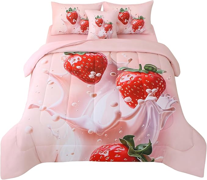 JQinHome Twin Strawberry Comforter Sets for Girls Kids Teens,6 Piece Bed in A Bag - All Season Soft Microfiber Strawberry Bedding Set with Sheet Sets (Pink)