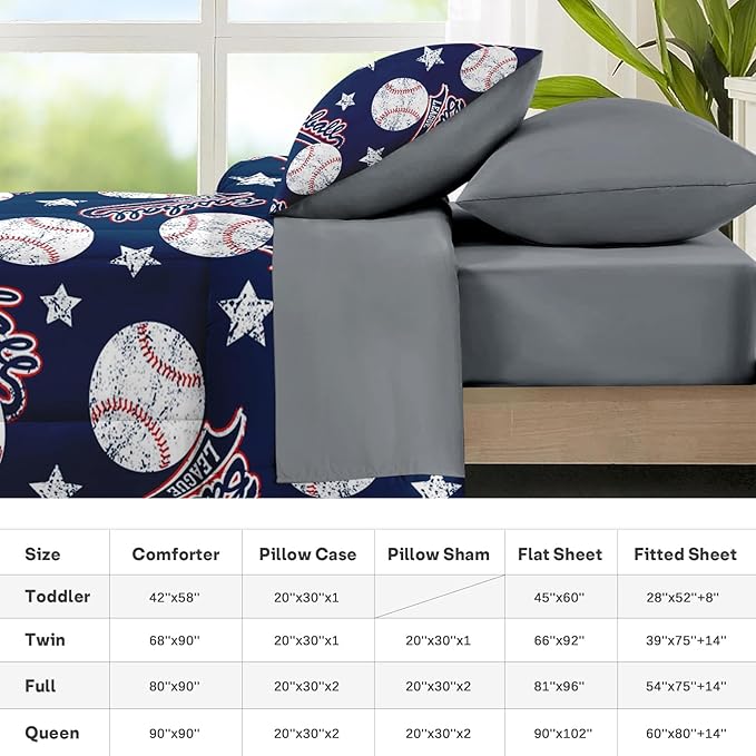 Nesker 5 Pcs Comforter Set Twin Size, Red White Blue Baseball Boys Bedding Set for Kids and Adults, Kids Vintage Ball Sports Bed Sheet Sets with Fitted Sheet Pillowcases & Shams
