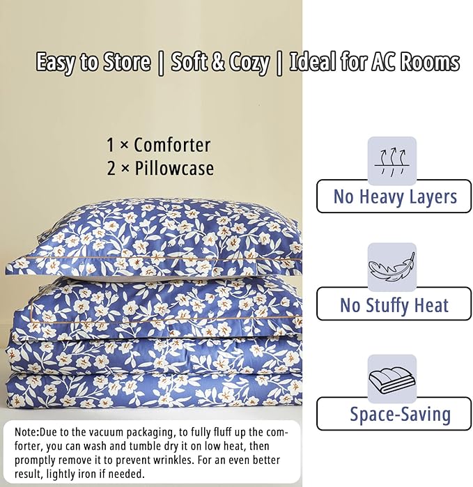 Navy Floral Cotton Comforter Queen Size 3PC - Elegant White Flowers Pattern on Blue,Taupe Back, Lightweight Bedding Sets with Ultra-Soft Alternative Fill, (1 Comforter, 2 Pillowshams)