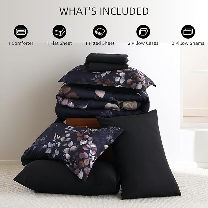 Xruibed Black Comforter Set King Size 7 Pieces Bed in a Bag, Botanical Floral Print Bed Sets, Elegant Flower Comforter with Sheet Set, Soft Microfiber Bedding Set for All Season (Black, 104"x90")