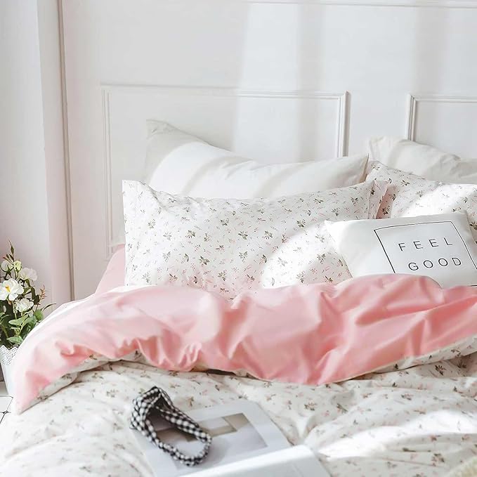 Nanko Pink Floral Comforter Set Twin Size, 2pc White Farmhouse Flowers Leaves Botanical Pattern Microfiber Comforter Set, All Season Soft & Lightweight Reversible Comforter for Women 68"x90"