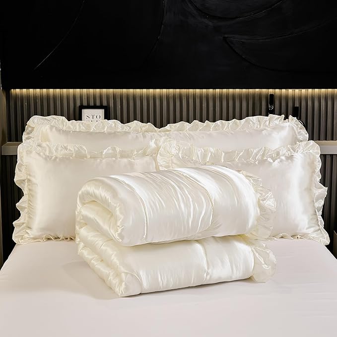 Satin King Comforter Silk Like Bedding 4 Pcs Hotel Soft Polyester White Bed Set Luxury Silky Body Pillow Cover Ruffle Home Decor