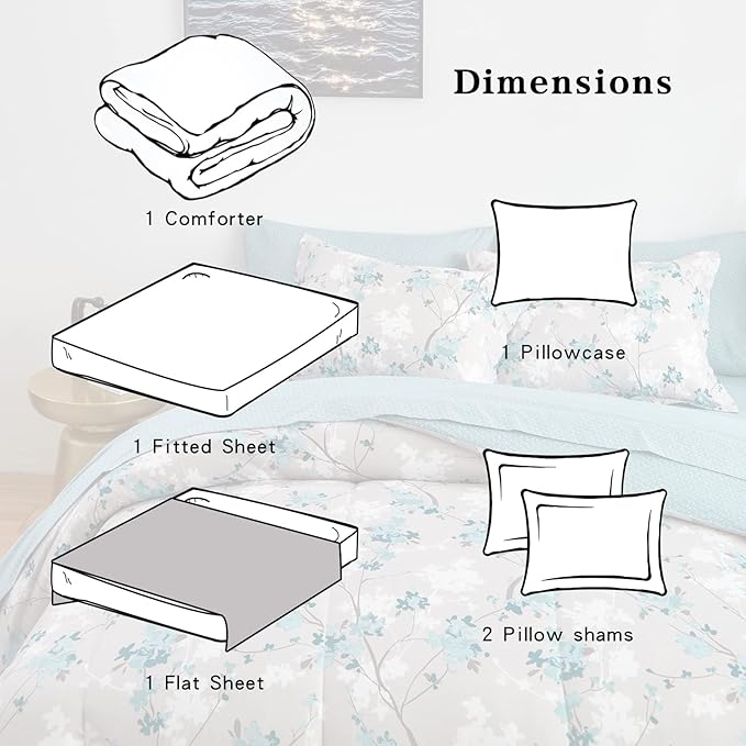 Flysheep Gray Botanical Bed in a Bag Twin Size 6 Pieces, Aqua Grey Leaves Elegant Floral Comforter Bedding Set All Season(1 Comforter, 1 Flat Sheet, 1 Fitted Sheet, 2 Pillow Shams and 1 Pillowcase)