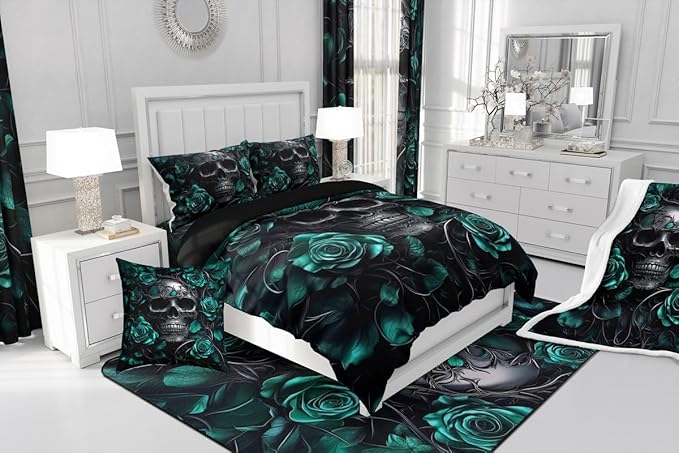 Erosebridal Gothic Bedding Set for Adluts Kids Teens Halloween Goth Skull Toddler Comforter Vintage Victorian Romantic Turquoise Rose Floral Quilt Spooky Skeleton Boho Horror Bedding,Gothic Decor