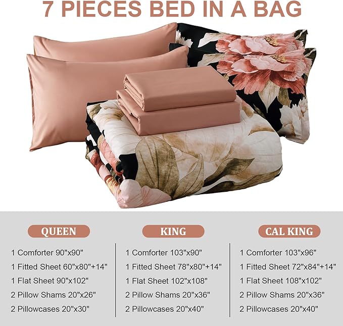 Dobuyly California King Comforter Set 7 Piece Bed in a Bag, Pink Floral Printed on Black Comforter Set with Sheets, Soft Microfiber Botanical Cal King Bedding Set for All Season