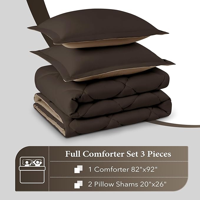 downluxe Full Size Comforter Set - Brown and Tan Full Comforter - Soft Bedding Sets for All Seasons -3- Piece Comforter Set Full with 2 Reversible Pillow Shams