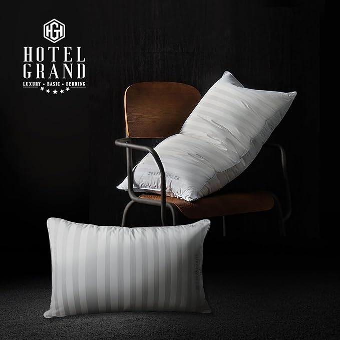 Hotel Grand 5-Star Feather Down Pillows Queen Size 2 Packs - 100% Cotton Machine Washable Soft Supportive Hypoallergenic Bed Pillows for All Sleep Positions