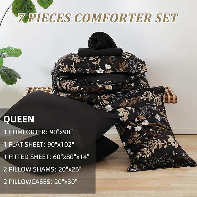 WONGS BEDDING Black and Gold Comforter Set Queen Size,7 Pieces Floral Bed in a Bag Botanical Microfiber Bedding Comforter Sets Soft Lightweight Bed Set with Sheet,Pillowcases&Shams