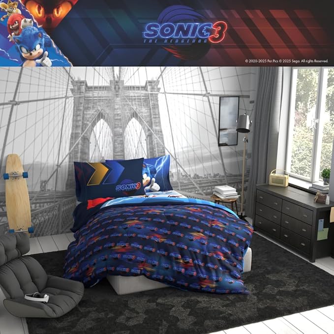 Franco Sonic The Hedgehog 3 Movie Kids Bedding Super Soft Comforter and Sheet Set, 5 Piece Full Size, (Officially Licensed Product) | Durable, Reversible, Officially Licensed
