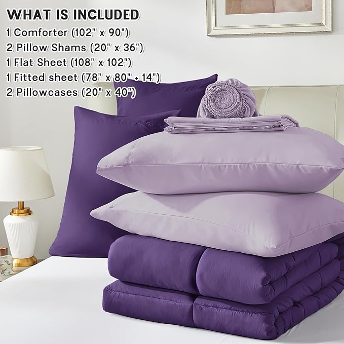 Anluoer King Comforter Set,Dark Purple&Light Purple Bed in a Bag 7 Piece,Lightweight Bedding Set with Down Alternative Fill,Bed Set Includes Comforter, Fitted Sheet, Flat Sheet,Pillowcases and Shams