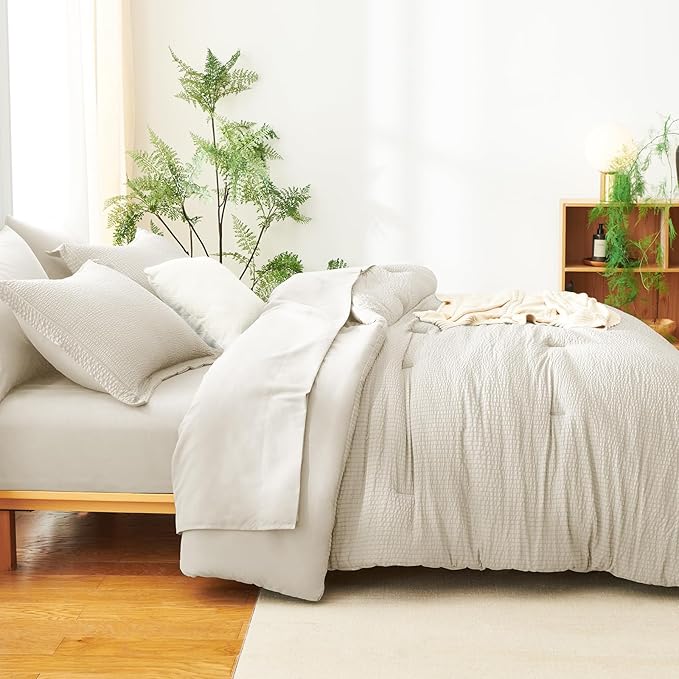 CozyLux Queen Comforter Set Beige - 7 Pieces Striped Seersucker Bed in a Bag, Soft Lightweight Boho Bedding Set with All Season Comforters Queen Size, Sheets, Pillowcases & Shams