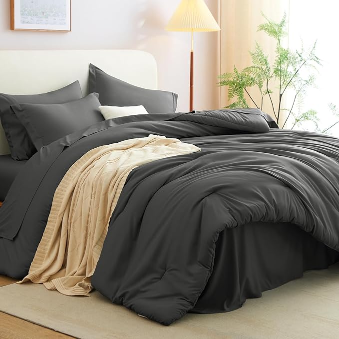 CozyLux Full Size Comforter Set Dark Grey, 7 Pieces Bed in a Bag Full Comforter Set with Sheets, Bedding Set with Down Alternative Comforter, Fitted Sheets, Flat Sheets, Pillow Shams and Pillowcases