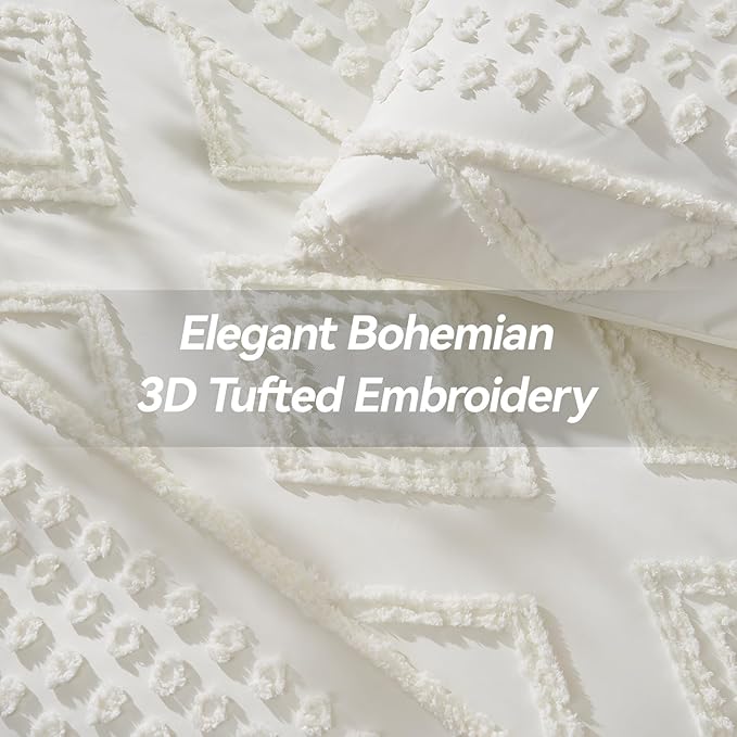 Boho King Comforter Set Beige with Sheets, 3 Pieces Tufted King Comforter Sets Boho Bedding Cream Soft Warm Neutral Comforter Sets for All Seasons