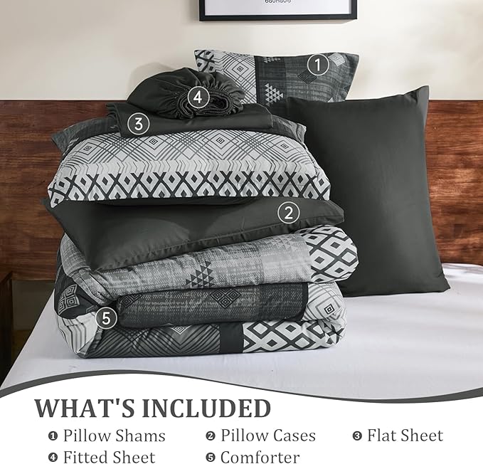 Xruibed Grey King Comforter Set 7 Pieces, Gray Boho Striped Bed in a Bag King Size Soft Microfiber All Season Bedding Set with Comforter, Sheets, Pillowcases & Shams(104"×90")