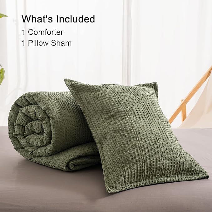 PHF Soft Waffle Comforter Set Twin Size- Comfy Breathable Waffle Weave Comforter with 1 Pillow Shams, 2 Pieces Less Snagging Lightweight Textured Bedding Set for All Season, Olive Green