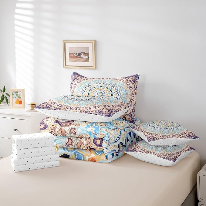 Bohemian Mandala Bedding Comforter Sets Vintage Art Deco Bed in a Bag 7pcs, Oriental Flower Bedding Set Abstract Artwork Full Size Comforter Set, Retro Medallion Bed Set Navy Blue Beige Puple