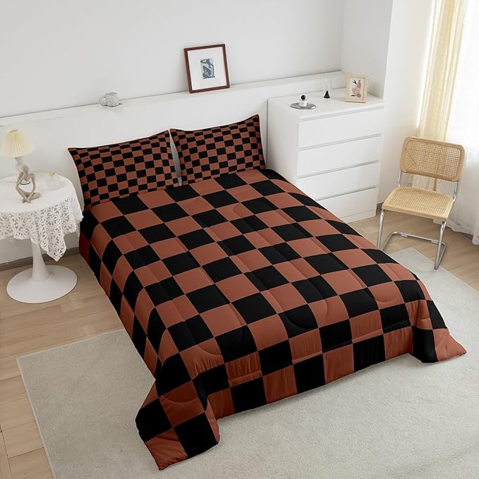 Feelyou Checkered Bedding Set Teen Women Men Brown Black Plaid Comforter Set King Size Kids Boys Girls Cute Retro Neutral Checkerboard Geometric Duvet Insert Vintage Aesthetic Room Decor