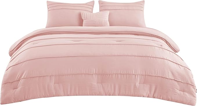 Bedsure Full Comforter Set - 4 Pieces Pinch Pleat Bed Set, Light Pink Boho Bedding for All Season, 1 Soft Comforter, 2 Pillowcases, 1 Decorative Pillow