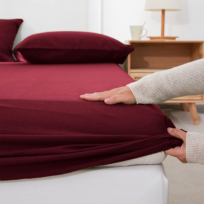 Simple&Opulence Belgian Linen Sheet Set Solid Color - 4 Pieces (1 Flat Sheet, 1 Fitted Sheet & 2 Pillowcases) Natural Flax Cotton Blend Soft Breathable Farmhouse Bedding - Queen Size, Burgundy Red