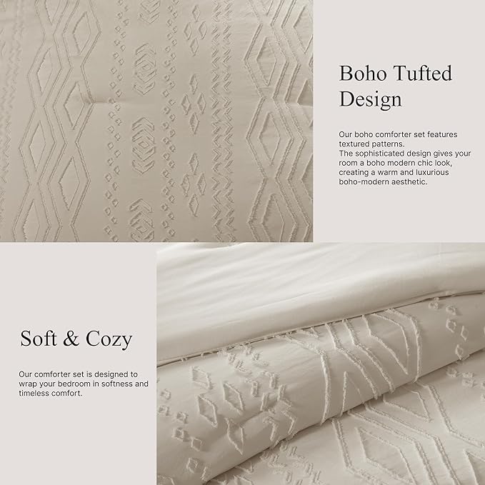 Queen Comforter Set Beige, Tufted Boho Bedding Farmhouse Bed Set, All Season 7 Pieces Bed in a Bag with Sheets, Pillowcases & Shams