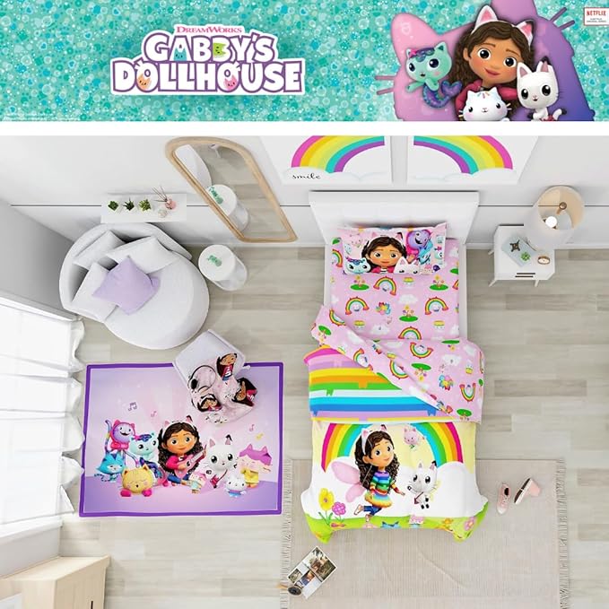 DreamWorks Gabby's Dollhouse Cakey, Mercat and Pandy Kids Bedding Super Soft Comforter and Sheet Set, 5 Piece Full Size, (Official Licensed Product) by Franco