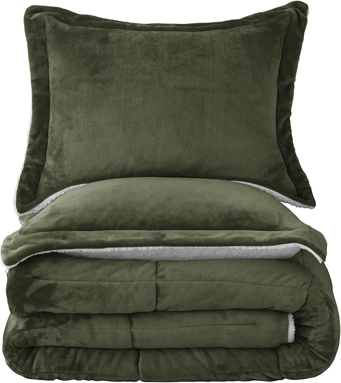 Seward Park Olive Green Sherpa Comforter Set Full Queen Size, All Season Soft Warm Fleece Fall Blanket, Winter Bedding Sets with 2 Pillow Shams