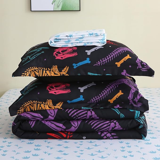 7 Piece Boys Dinosaur Comforter Set Twin Size 3D Black Dinosaur Skeleton Bedding Set for Toddler Kids Teens Christmas Birthday Gift
