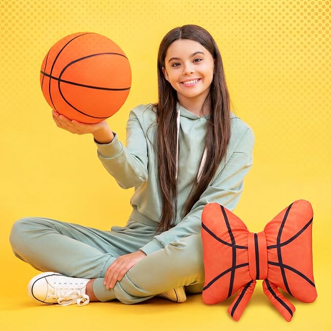 Pinkunn Basketball Bow Pillow Plush, 15'' Orange Bow Shaped Throw Pillow, Fluffy Soft Decorative Sports Basketball Cushion Valentines Gift for Women Men Players Sport Enthusiast Home Sofa Couch Decor
