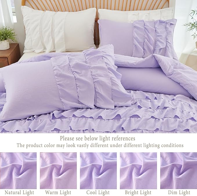 PERFEMET Lavender Ruffle Comforter Set Full Size Bedding Sets for Girls Multi Layers Ruffled Boho Bed Sets Washed Microfiber Farmhouse Princess Bedding for Kids Teens(Purple,Full)