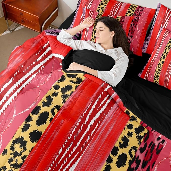 Erosebridal Stripe White Gold Red Leopard Print Women Full Comforter Set 7 Pieces | Geometric Cheetah Fur Bed in A Bag for Bedroom Animal Skin Pattern Bedding Set with Comforters Men Adults Room Decor