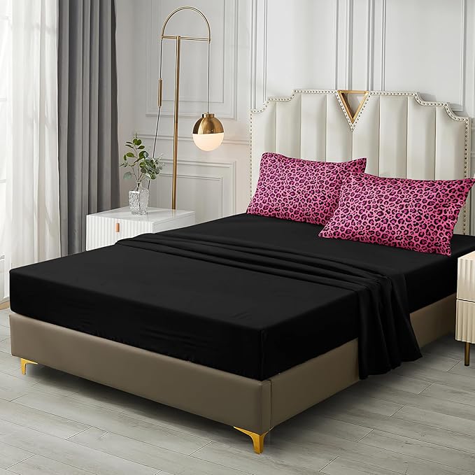 Leopard Print Comforter Queen Black and Pink Bedding Sets 8 Pcs Hot Pink Cheetah Animal Print Texture Wild Leopard Bed in A Bag with Comforter and Sheet Set