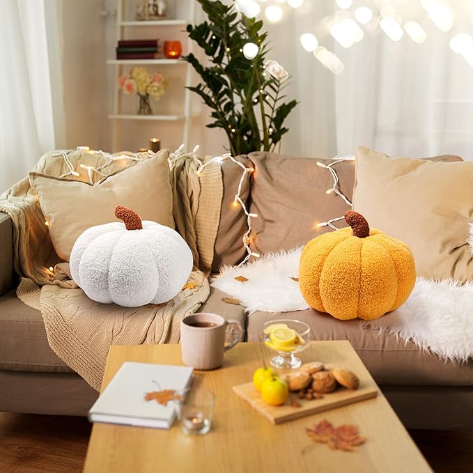 Queekay 2 Pcs Pumpkin Pillow Plush 11 x 9.5 Inch Thanksgiving Stuffed Pumpkin Decor for Fall Home Bedroom Throw Pillow Cushion Gifts for Holiday Operation Christmas Halloween Car Sofa(Ginger)