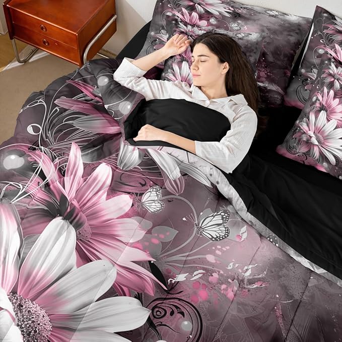 Feelyou Girls Vintage Flower Comforter Set with Sheets Queen Size 7 Pieces Kids Pink Daisy Florals Pattern Bedding Set for Boys Women Teens Butterfly Botanical Nature Garden Theme Bed in a Bag