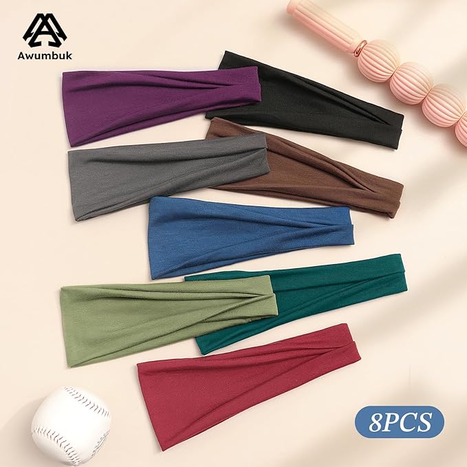Headbands for Women, 8 Pack Non-Slip Moisture Wicking Sports Wide Head Bands, Stretchy Elastic Fabric, Multiple Colors Securing Hair for Fashion, Sports, Yoga, Running, Daily Life