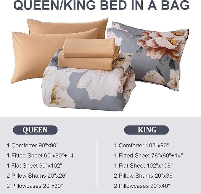 Dobuyly Floral Comforter Set Queen, Brown Flower Printed on Grey Comforter Set with Sheets, 7 Piece Botanical Bed in a Bag, Soft Microfiber Farmhouse Bedding Set for All Season
