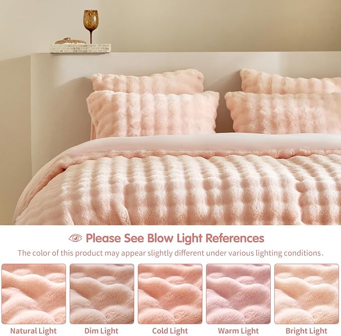 Tokokimo Faux Fur Comforter Set King Size, Ultra Soft Reversible Heavyweight Fluffy Bedding, Extra Warm Winter Comforter with 2 Pillow Cases, All Season Fuzzy Comforter Set, Pink