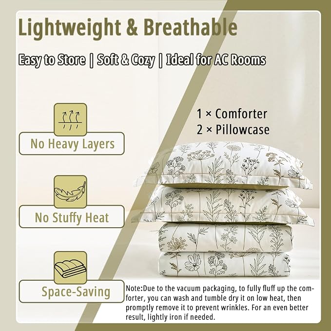 White Botanical Cotton Comforter King Size - 3PC Lightweight Bedding Sets with Ultra-Soft Alternative Fill, Luxurious Pale Mustard Reversible Design (1 Comforter, 2 Pillowshams)